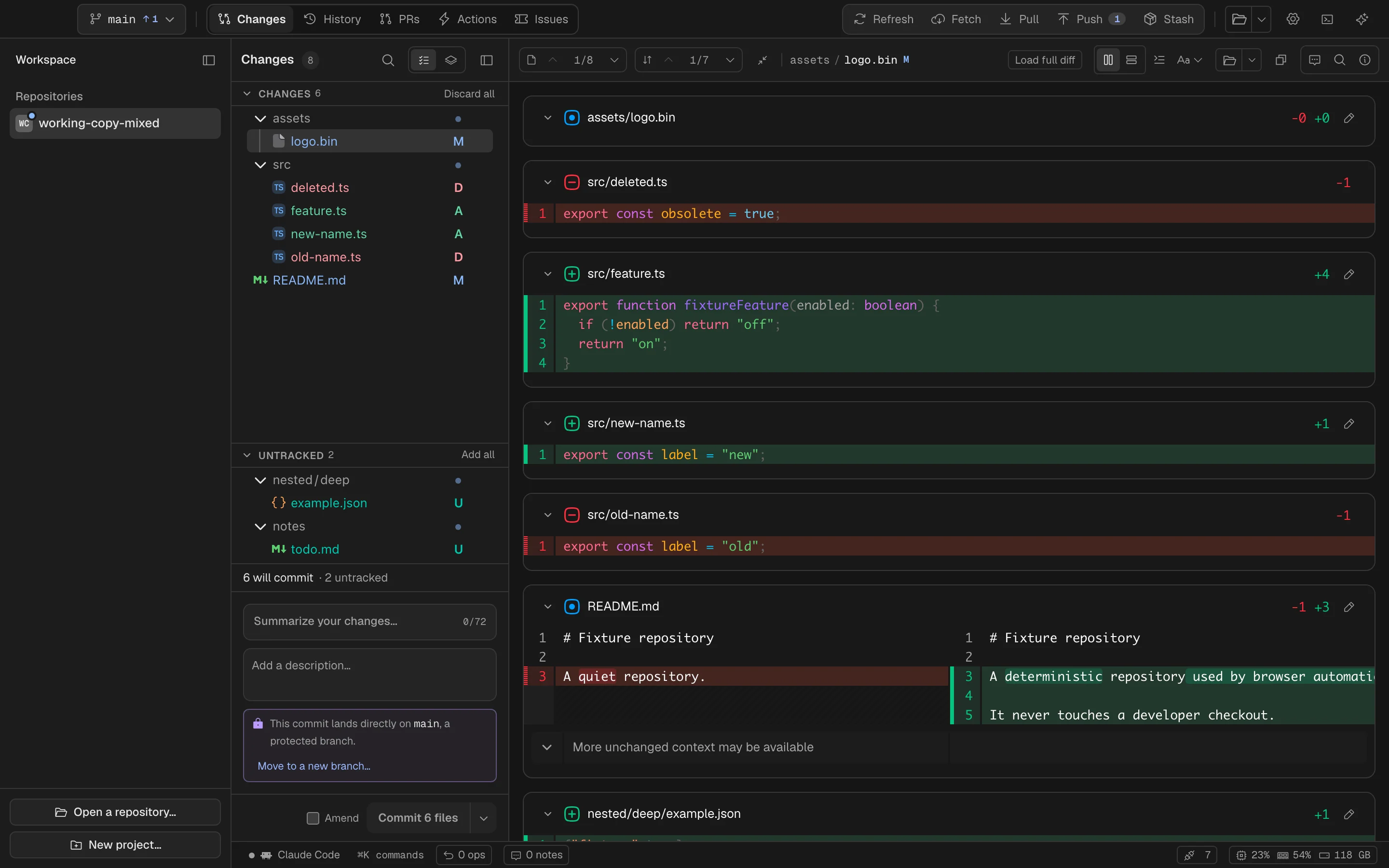 Spalt’s Git workspace: changed files, readable diffs, and the next commit together
