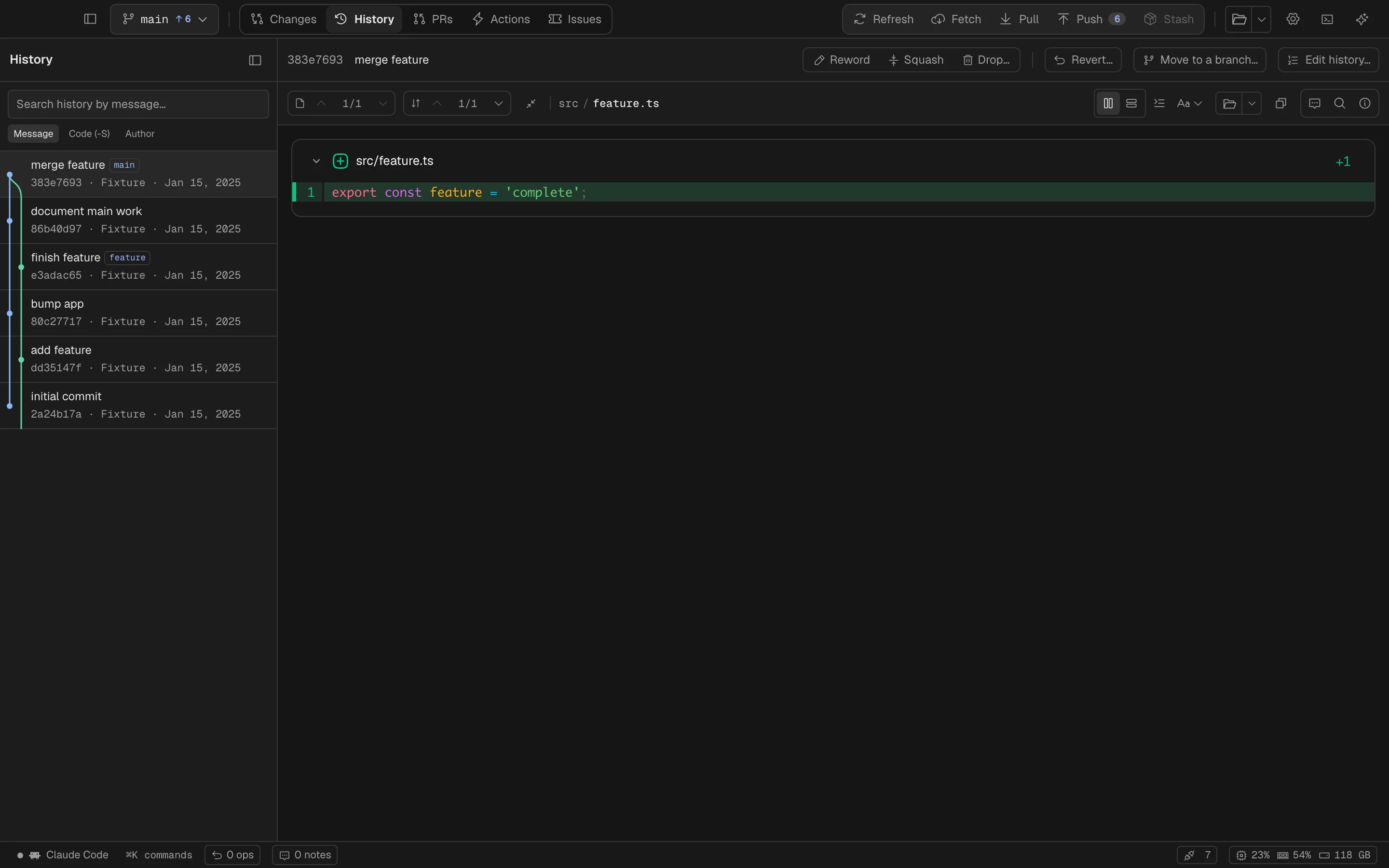 Spalt’s commit history with branch graph and history editing actions