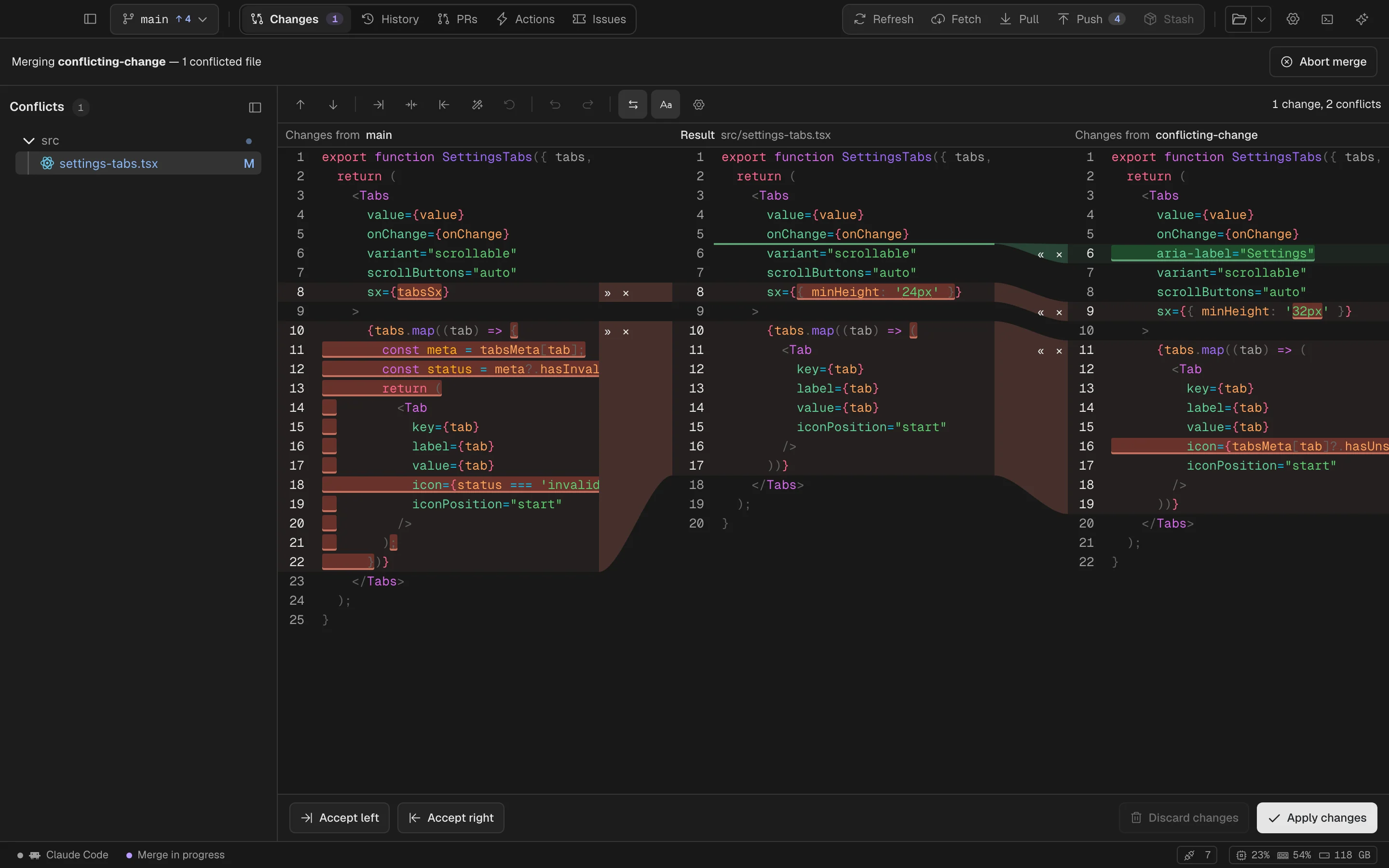 Spalt’s three-pane merge conflict resolver