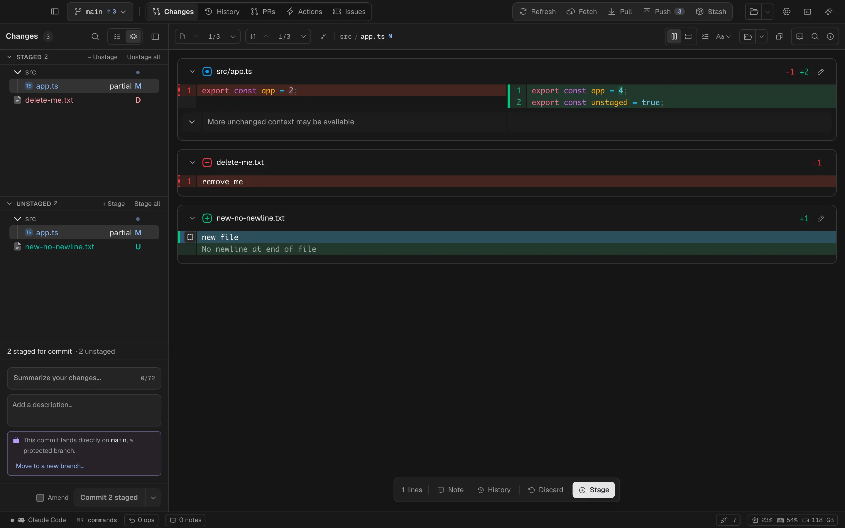 Selected changed lines ready to stage in Spalt