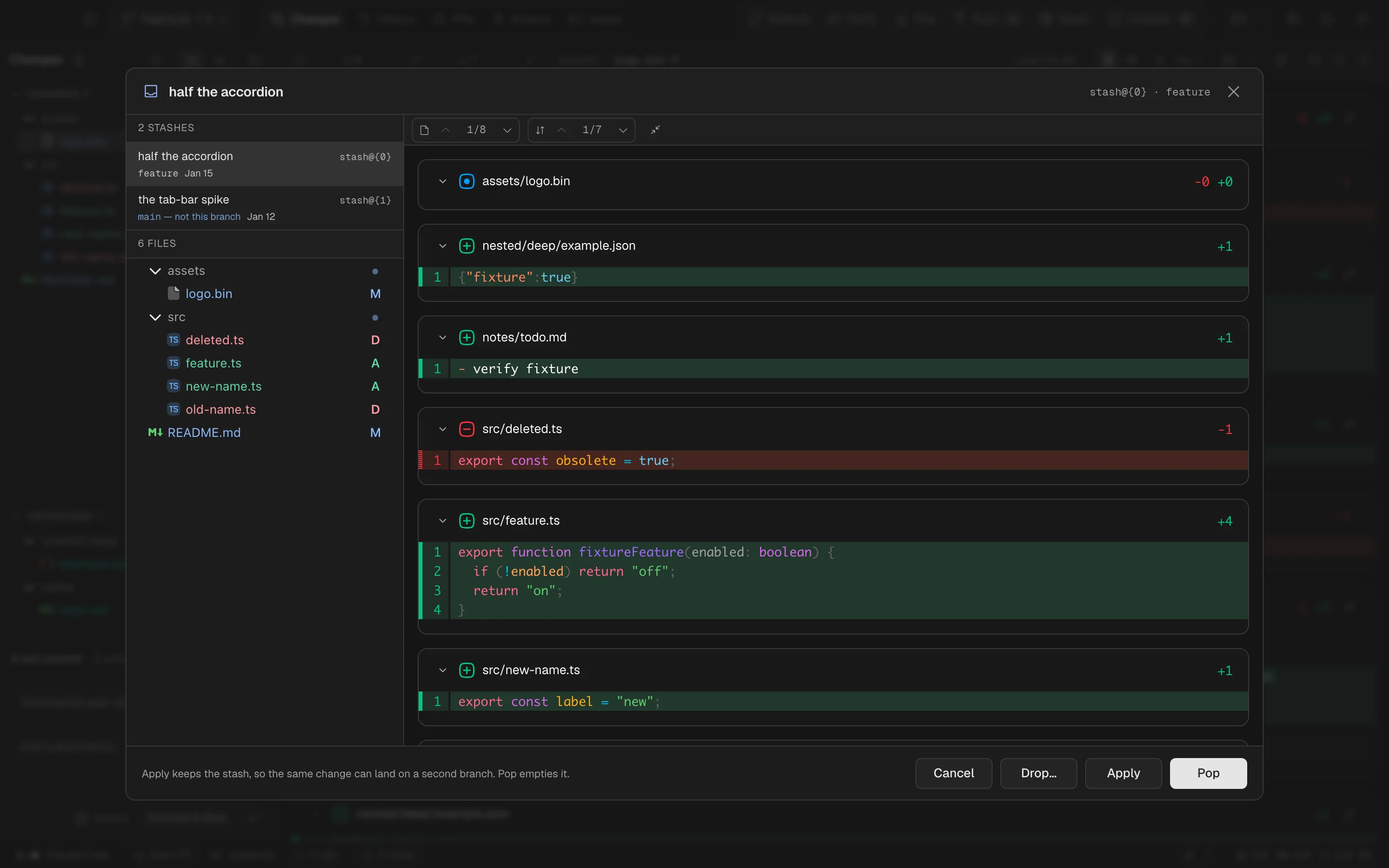 Stash contents previewed before applying them in Spalt